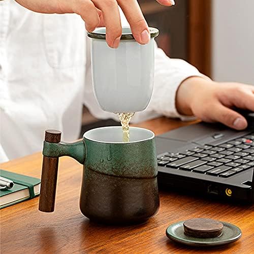 כוס תה חרסינה של Ameolela עם Infuser, 13.5 גרם קרמיקה ספל קפה ספל תה עם מכסה וידית עץ לתהות עלים רופפים