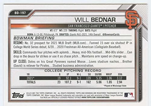 2021 דראפט Bowman BD-197 Will Bednar RC טירון סן פרנסיסקו ענקים MLB כרטיס מסחר בייסבול
