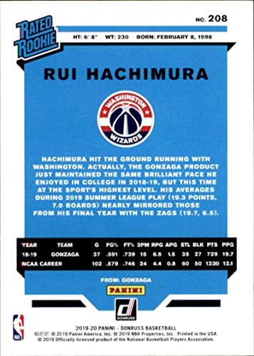 2019-20 דונרוס כדורסל 208 RUI HACHIMURA RC מדורג בכרטיס המסחר הרשמי של NBA על ידי PANINI AME