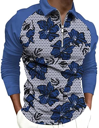 Beuu 2022 חולצות פולו חדשות לגברים, רוכסן צוואר שרוול ארוך שרוול ארוך פרחוני טלאים טלאים גולף חולצת מעצבים מזדמנים
