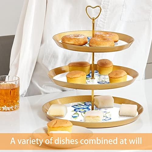 תצוגת עץ עוגת עוגת עוגות עגולה, 3 מחזיק קינוח פלסטיק מאפה, מגש מגדל קינוחים לסופגניות סופגניות סופגניות עוגת פרחי צבעי מים כחול