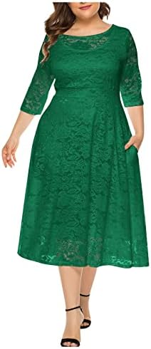 שמלות שקיעה של Fragarn לנשים, טמפרמנט נשים שרוול שרוול בן שלושה רבעים שרוול צבע אחיד בצבע אחיד O-צוואר פלוס שמלה בגודל