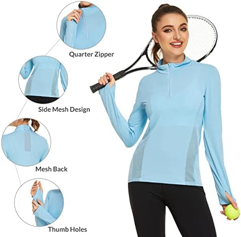 חולצות הגנה מפני שמש לפסקה לנשים 1/4 סוודר ZIP UPF 50+ שרוול ארוך ז'קט לחות יבש מהיר
