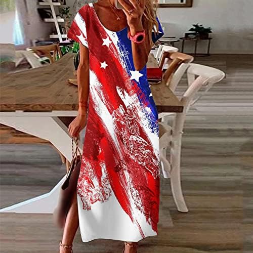 4 ביולי שמלה לנשים מקרית קיץ בוהו מקסי שמלת ארה ב דגל קצר שרוול סקופ צוואר כוכבים פסים ארוך שמלה קיצית