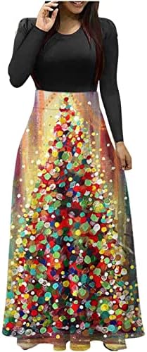 שמלות חג המולד לנשים שרוול ארוך קוקטייל מקסי ארוך שמלה טרנדי 2022 עצי חג המולד מודפס מקסי שמלות