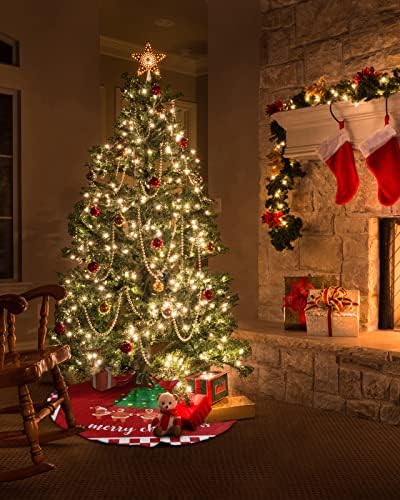 חצאית עץ חג מולד חג שמח, עץ חג המולד סנטה קלאוס משובץ אדום 48 עץ חג המולד קישוטי עץ מערכון לשנה החדשה