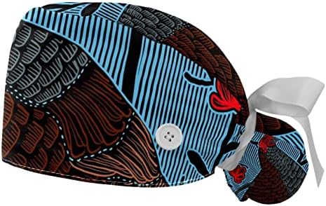 כובעים רפואיים לנשים עם כפתורים שיער ארוך, כובע עבודה מתכוונן 2 חלקים, כחול ציפור רטרו