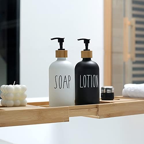 סט אמבטיה של מתקן סבון Momeemo עם מתקן סבון ידיים ומתקן קרם, סט מתקן סבון אמבטיה מתאים לעיצוב אמבטיה של בית חווה, עיצוב אמבטיה שחור ולבן.