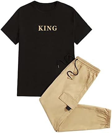 תלבושות של 2 חלקים של גברים של גברים, חולצת טי קצרה גרפית של שרוול קצרים ומכנסי מכנסי מטען