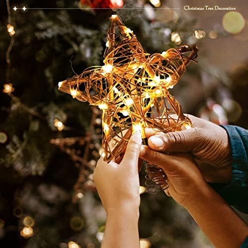 עץ חג המולד טופר חג המולד ראטאן עיצוב כוכב עם 7M/275.5 אינץ 'אורות מיתר כולל 50 LED וכבל USB אורות כוכב עץ-טופ-טופ כפרי טופר עץ חווה כפרי לחג המולד לקישוט עץ חג המולד