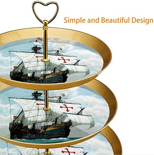 3 שכבת קאפקייקס סטנד מגדל מגדל מציג את מחזיק הקאפקייקס מגדל עץ קינוח למסיבות אירועים עיצוב, סירת מפרש אוקיינוס ​​ימי ציור וינטג '