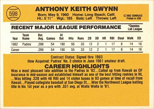 1983 בייסבול דונרוס 598 כרטיס טירון טוני גווין