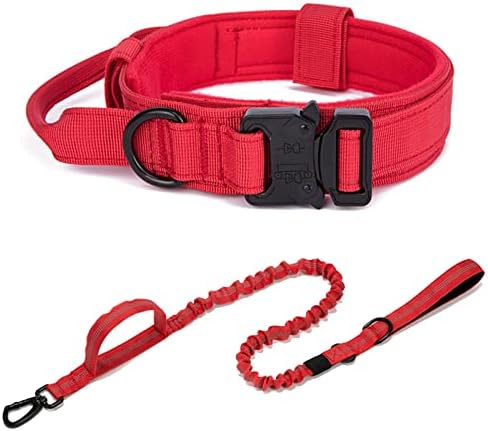 חגורת בטיחות כלבים טקטית, צווארון כלבים טקטי אדום ומערך רצועות, כבד ללא רצועות מחמד צבאיות עם אבזם חגורת בטיחות ברכב ו -2 ידית