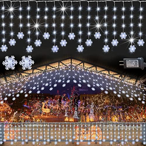פנסי קרח שלג של חג המולד, 15ft 150 LED תלויים חלון אורות פתית שלג 8 מצבים, אורות מיתרים של פיות קרח חיבור, פתית שלג מוארת לגג מקורה לחג המולד חיצוני, לבן