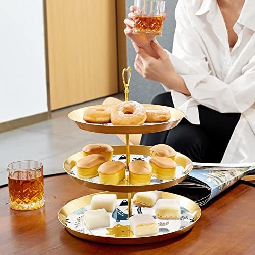 LYETNY 3 עוגת קינוח קינוח דוכן מאפי עוגות זהב עמדת מסיבת תה, חתונה ויום הולדת, דינוזאורים מצוירים ביד בסגנון סקנדינבי