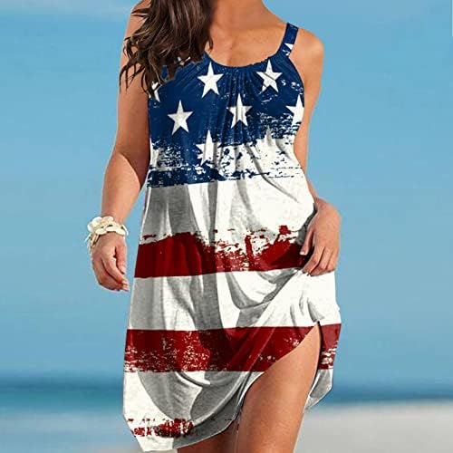 4 ביולי חוף שמלה לנשים קיץ מזדמן בוהו שמלת אמריקאי דגל שרוולים סקופ צוואר זורם מיני שמלה קיצית