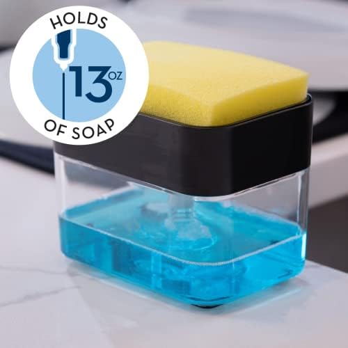 S&T INC. מתקן סבון כלים ומחזיק ספוג לכיור מטבח עם תכונות משופרות, ספוג כלול, 13 אונקיות, שחור מט