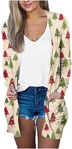 מעיל קרדיגן של נשים מידי לחג המולד מודפס קדמי פתוח פתוח רופף שרוולים ארוכים חולצה עם כיס