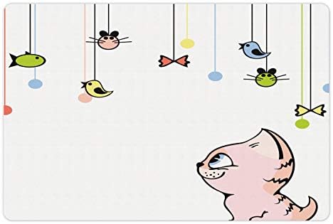 מחצלת חיות מחמד של חתול ועכבר אמבסון למזון ומים, עיצוב בסגנון קריקטורה של חתלתול שמסתכל על קישוטי בעלי החיים התלויים, מחצלת גומי מונעת החלקה לכלבים וחתולים, 18 איקס 12 & 34;, ססגוניות